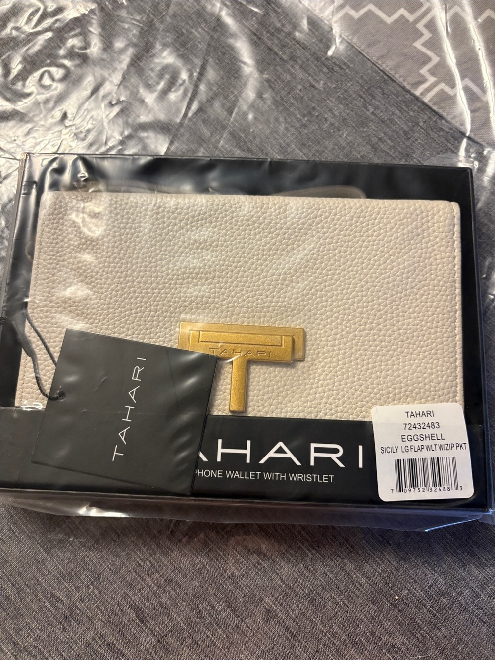 Tahari Eggshell Pebbled Leather Wristlet with Gold-Tone Logo